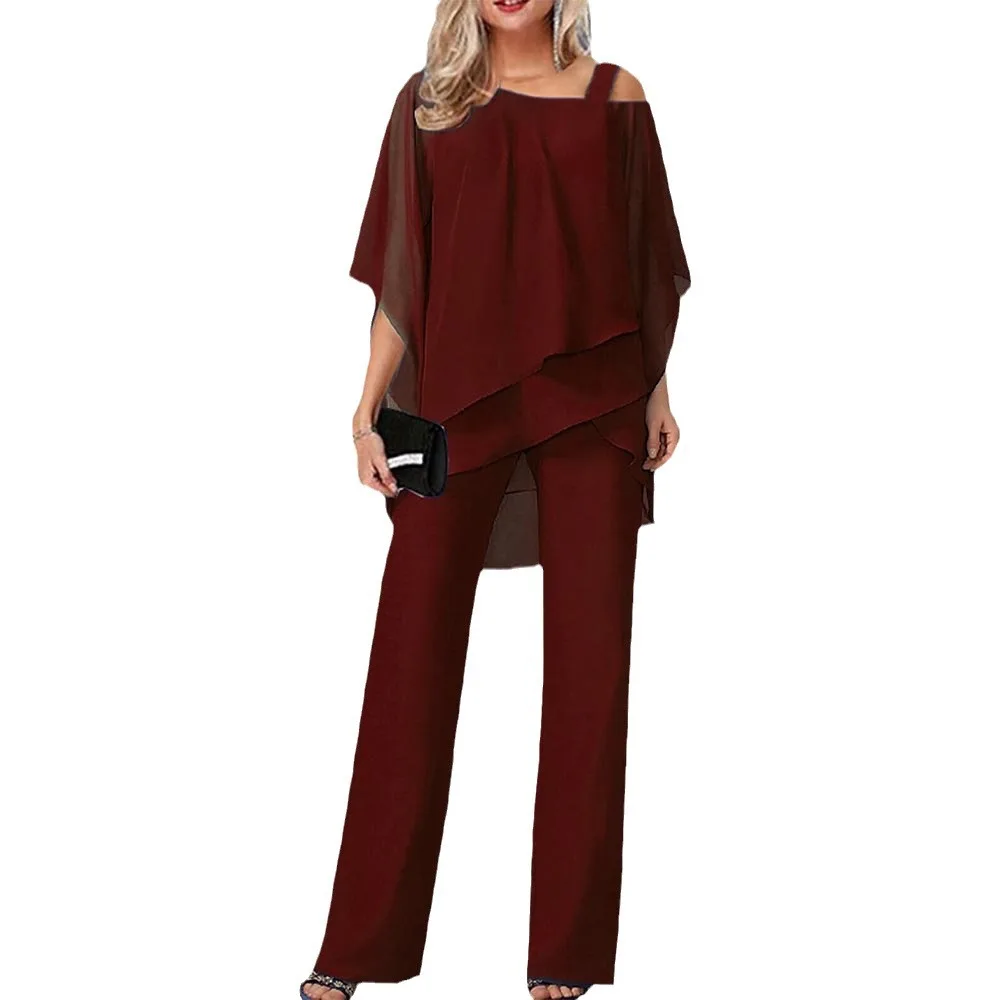 Women Trousers Sets Two Pieces Sale Sexy Off Shoulder Half Batwing Sleeve Blouse&OL Wide Leg Loose Pant Suits NMD-6666 thumbnail 4