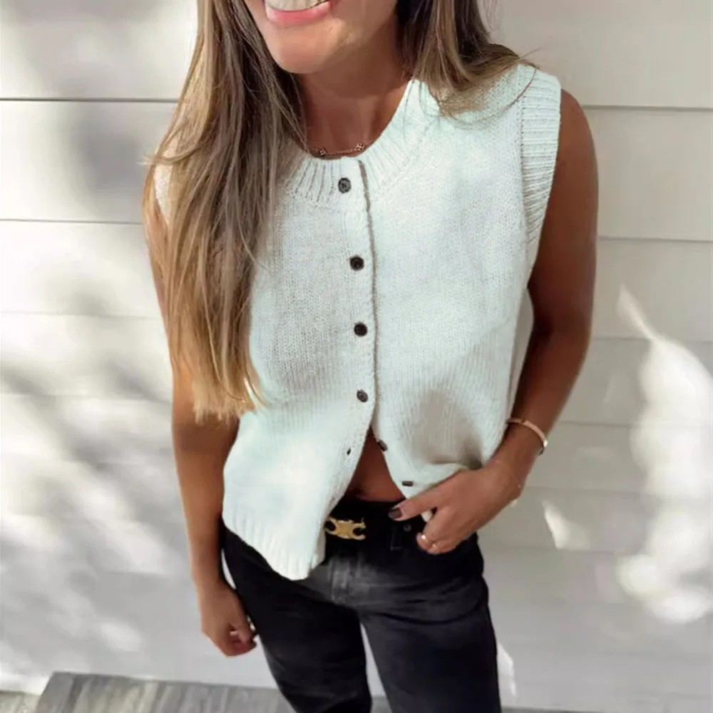 Autumn Fashion Knitted Vests Top For Women Casual Single-Breasted Knitwear Cardigan Tanks Female Solid Sleeveless Sweaters Vest thumbnail 4