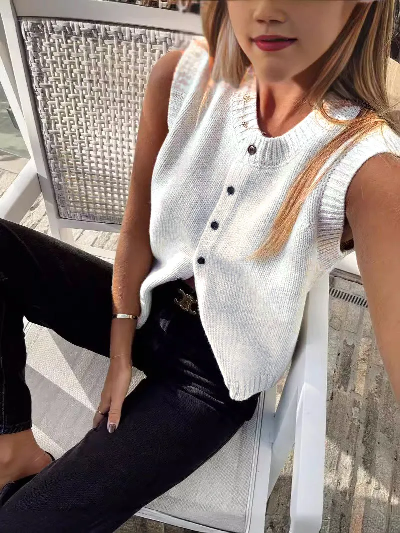 Autumn Fashion Knitted Vests Top For Women Casual Single-Breasted Knitwear Cardigan Tanks Female Solid Sleeveless Sweaters Vest thumbnail 3