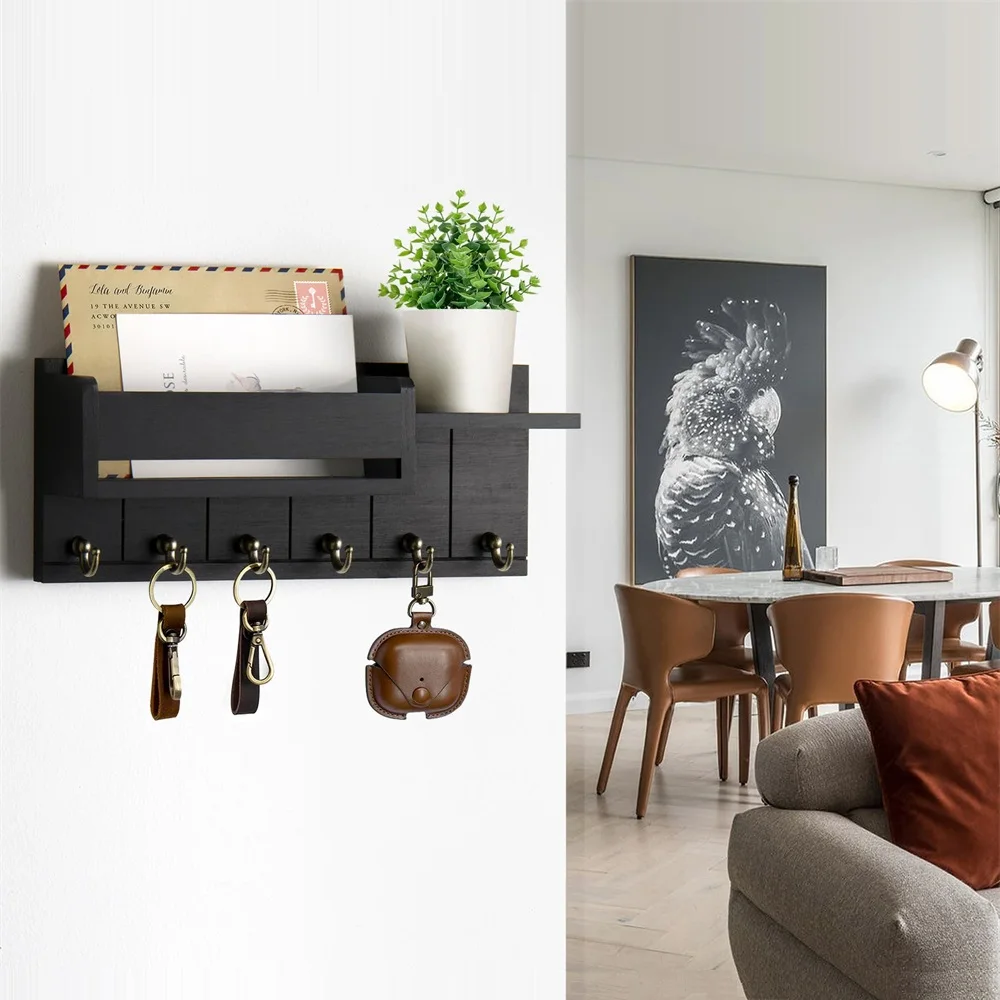 Decorative Key Rack and Mail Organizer with 6 Key Hooks Rustic Wood Key Holder Wall Mounted with Shelf for Living Room Enterway thumbnail 2