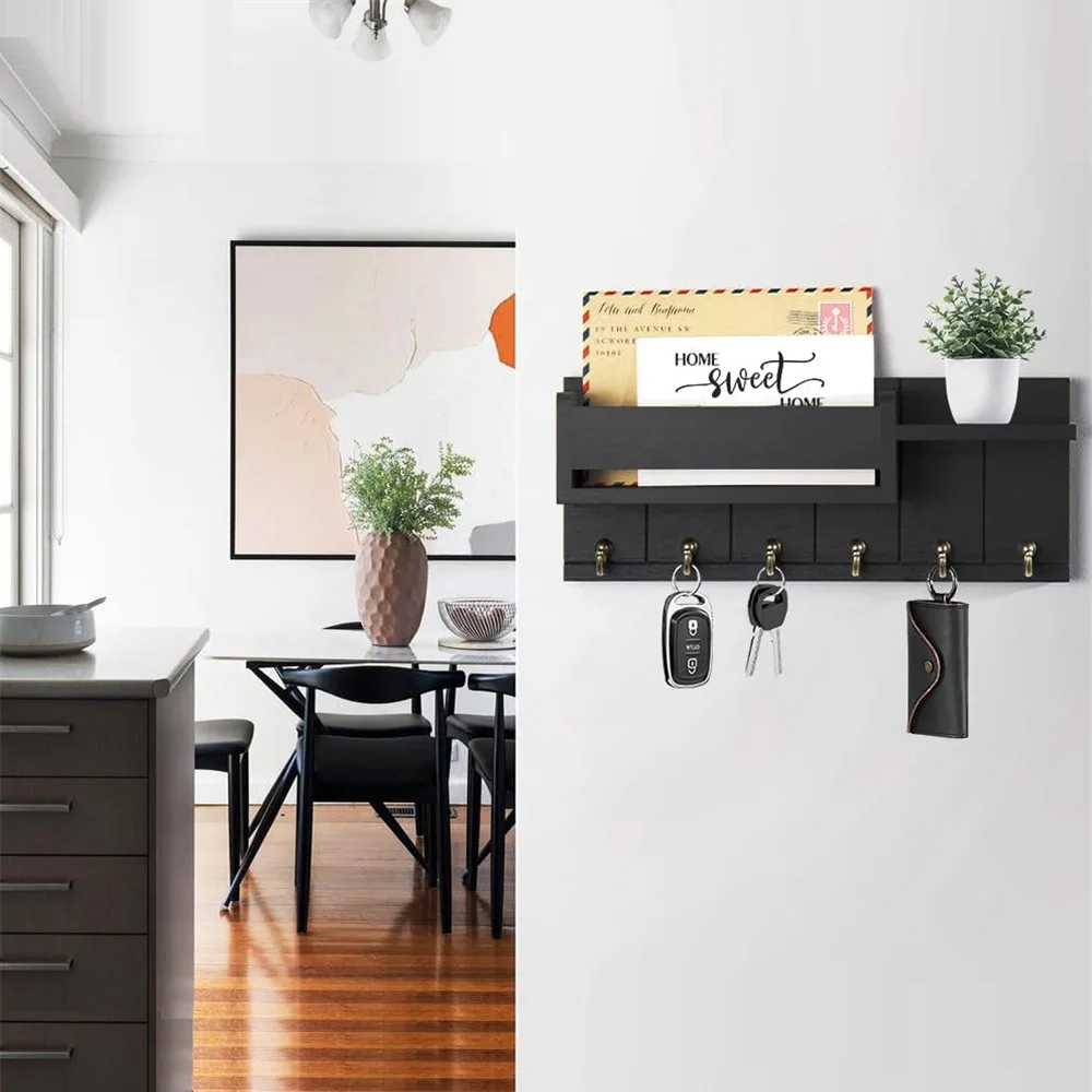 Decorative Key Rack and Mail Organizer with 6 Key Hooks Rustic Wood Key Holder Wall Mounted with Shelf for Living Room Enterway thumbnail 3