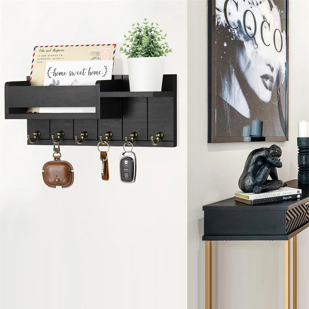 Decorative Key Rack and Mail Organizer with 6 Key Hooks Rustic Wood Key Holder Wall Mounted with Shelf for Living Room Enterway thumbnail 5