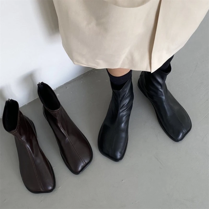 2024 Autumn ladies Soft Leather Boots Square zipper antislip shoe Fashion simple versatile short boot Comfort casual women shoes thumbnail 2