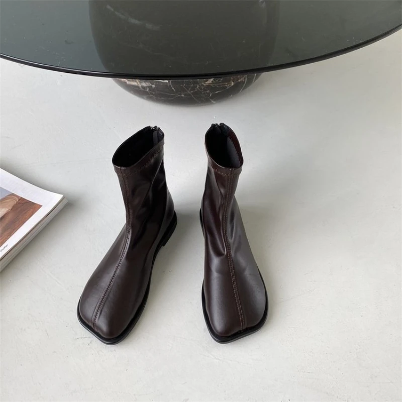 2024 Autumn ladies Soft Leather Boots Square zipper antislip shoe Fashion simple versatile short boot Comfort casual women shoes thumbnail 3