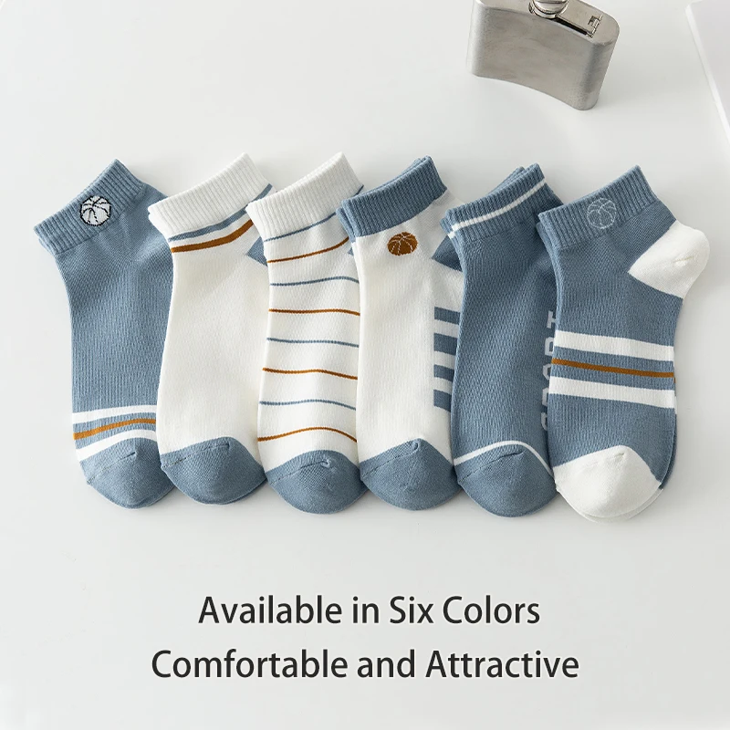 6 Pairs of Men's Spring  Autumn Letter Slogan Striped Basketball Sports Breathable Fashion Versatile College Style Summer Socks thumbnail 2