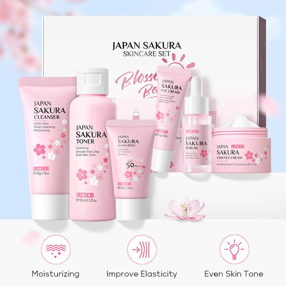 6pcs/Set Sakura Skin Care Sets Face Cream Serum Toner Facial Cleanser Sunscreen Eye Cream Face Skin Care Set Product Gift box thumbnail 5