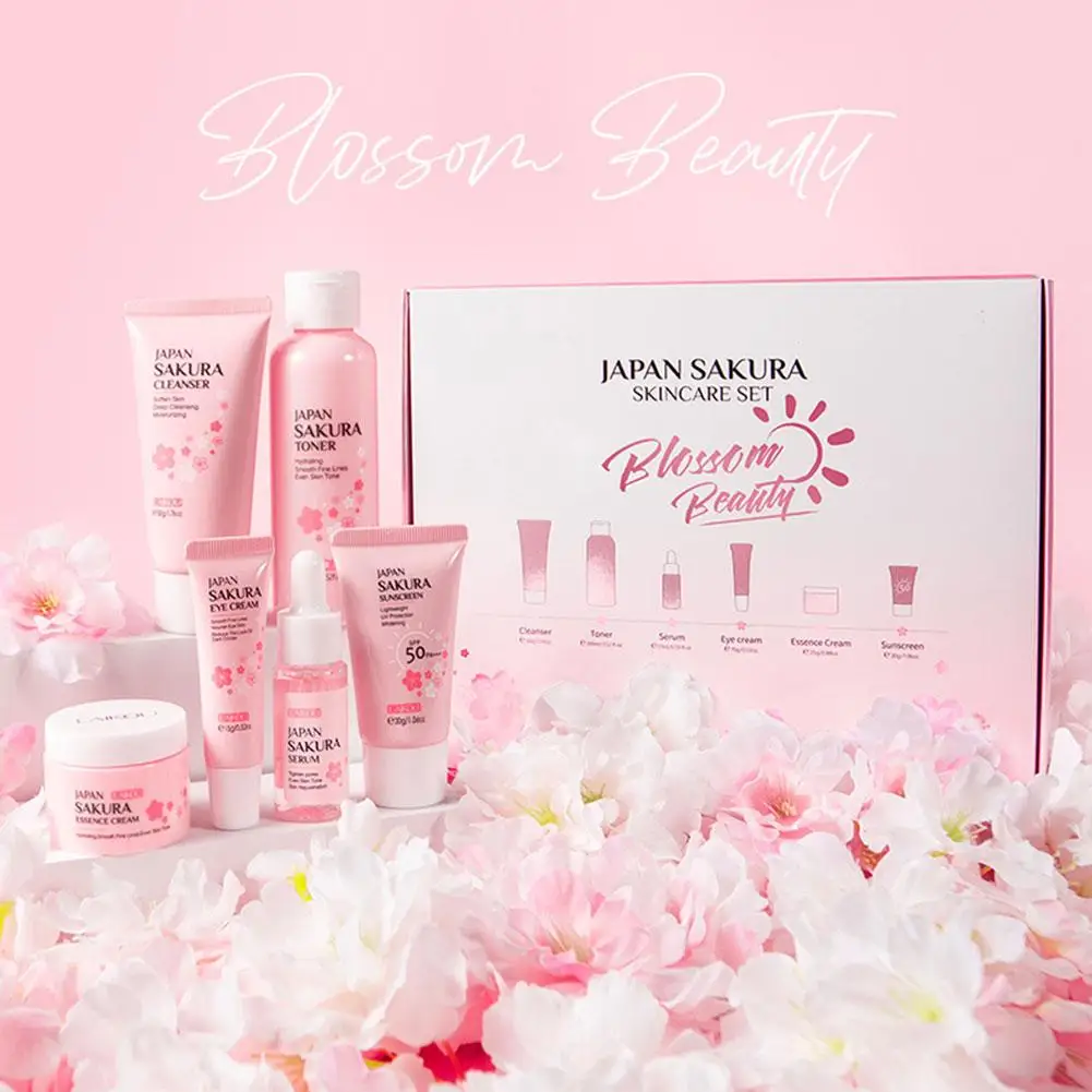 6pcs/Set Sakura Skin Care Sets Face Cream Serum Toner Facial Cleanser Sunscreen Eye Cream Face Skin Care Set Product Gift box thumbnail 2