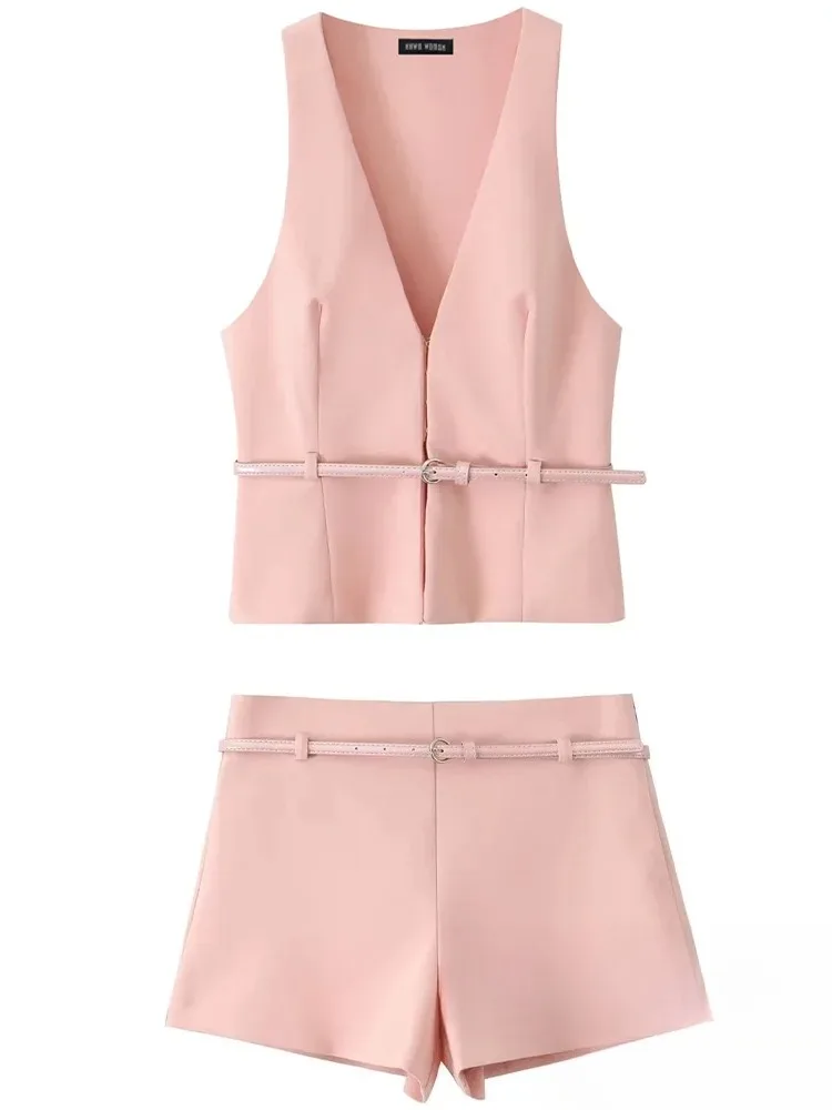 KONDALA Vintage Chic Solid Women Suit V Neck Sleeveless Sashes Vest Blazer Straight Shorts New Fashion 2025 Summer Office Sets