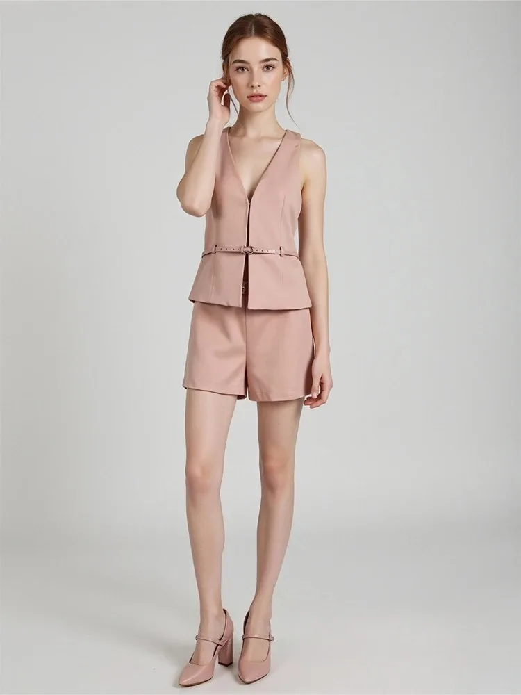 KONDALA Vintage Chic Solid Women Suit V Neck Sleeveless Sashes Vest Blazer Straight Shorts New Fashion 2025 Summer Office Sets thumbnail 5