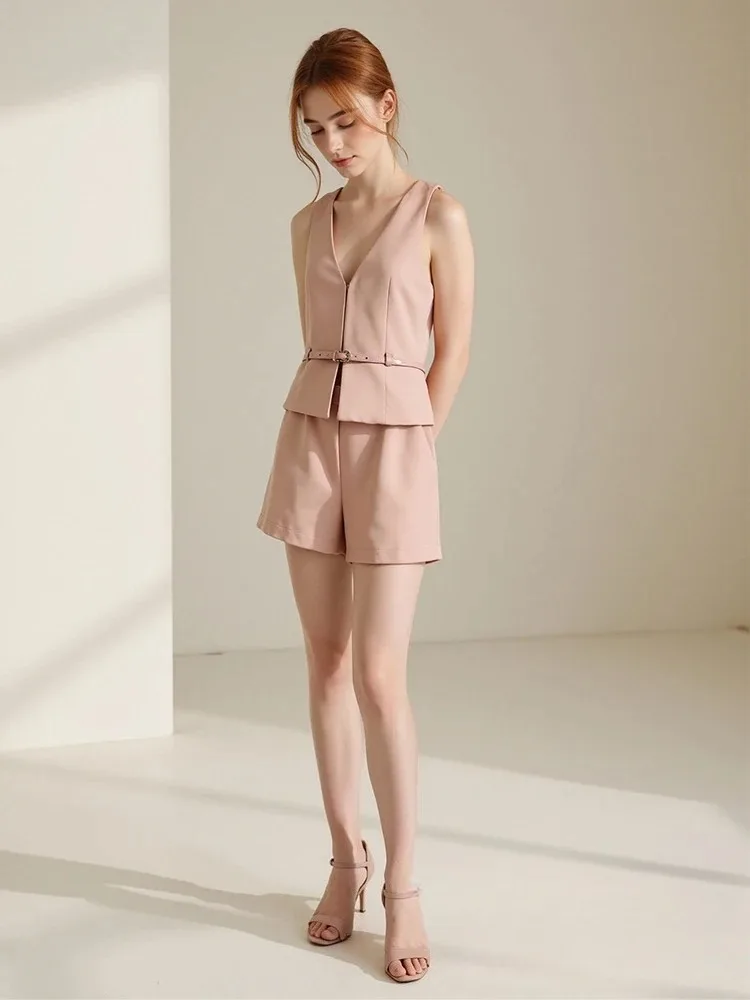 KONDALA Vintage Chic Solid Women Suit V Neck Sleeveless Sashes Vest Blazer Straight Shorts New Fashion 2025 Summer Office Sets thumbnail 4