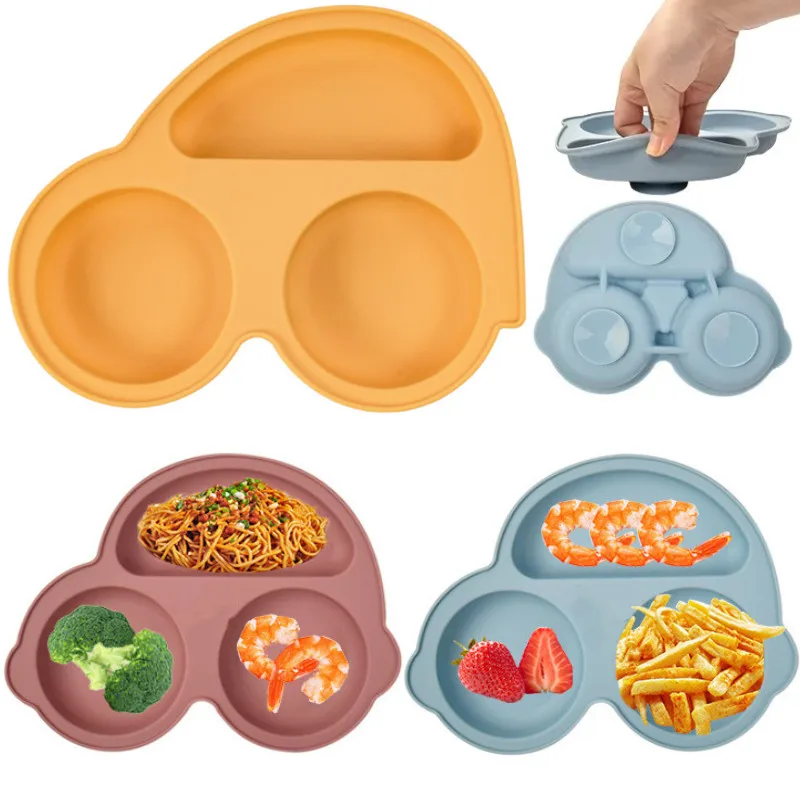 Safe Silicone Baby Dining Plate Car Shape Children's Dishes Infant Suction Bowl Toddler Training Tableware Kids Feeding Plates