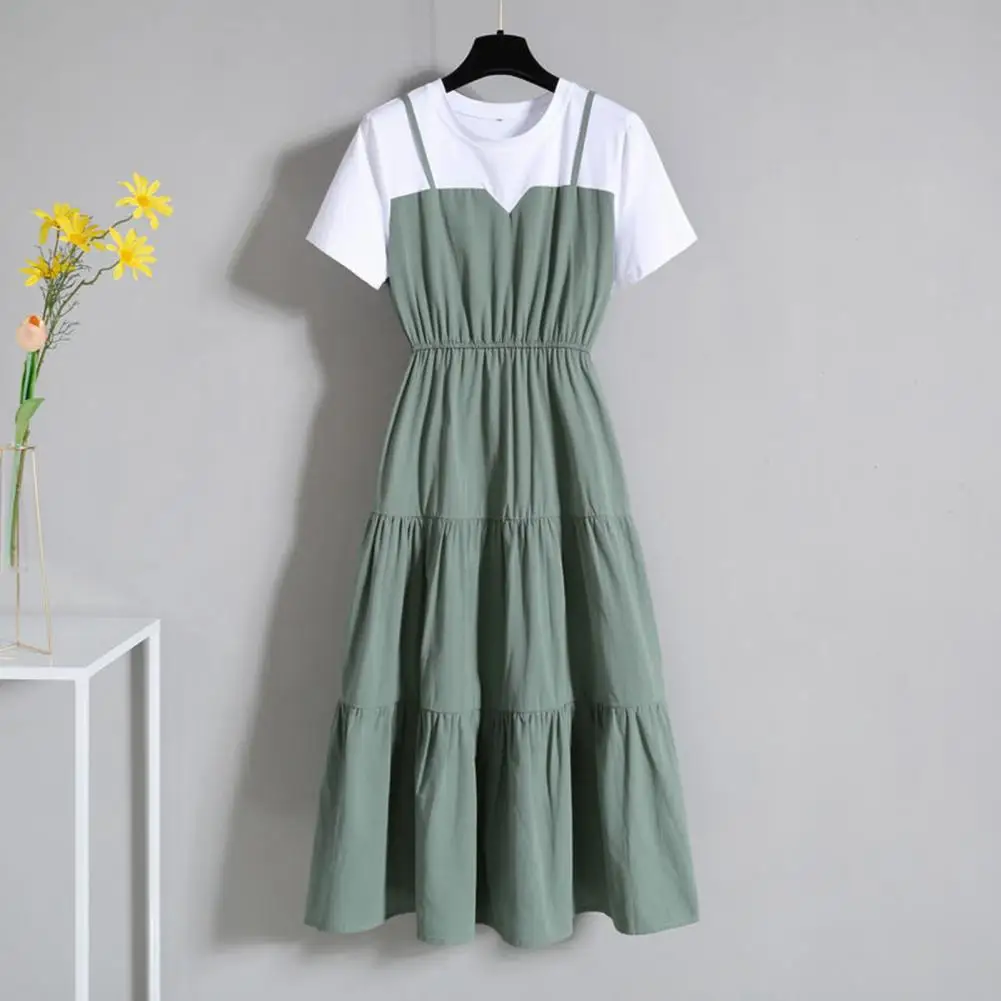 2024 Fashion Strap Fake Two piece Dress Block Summer Short sleeved Dress Women's Waist Tight Dress thumbnail 2
