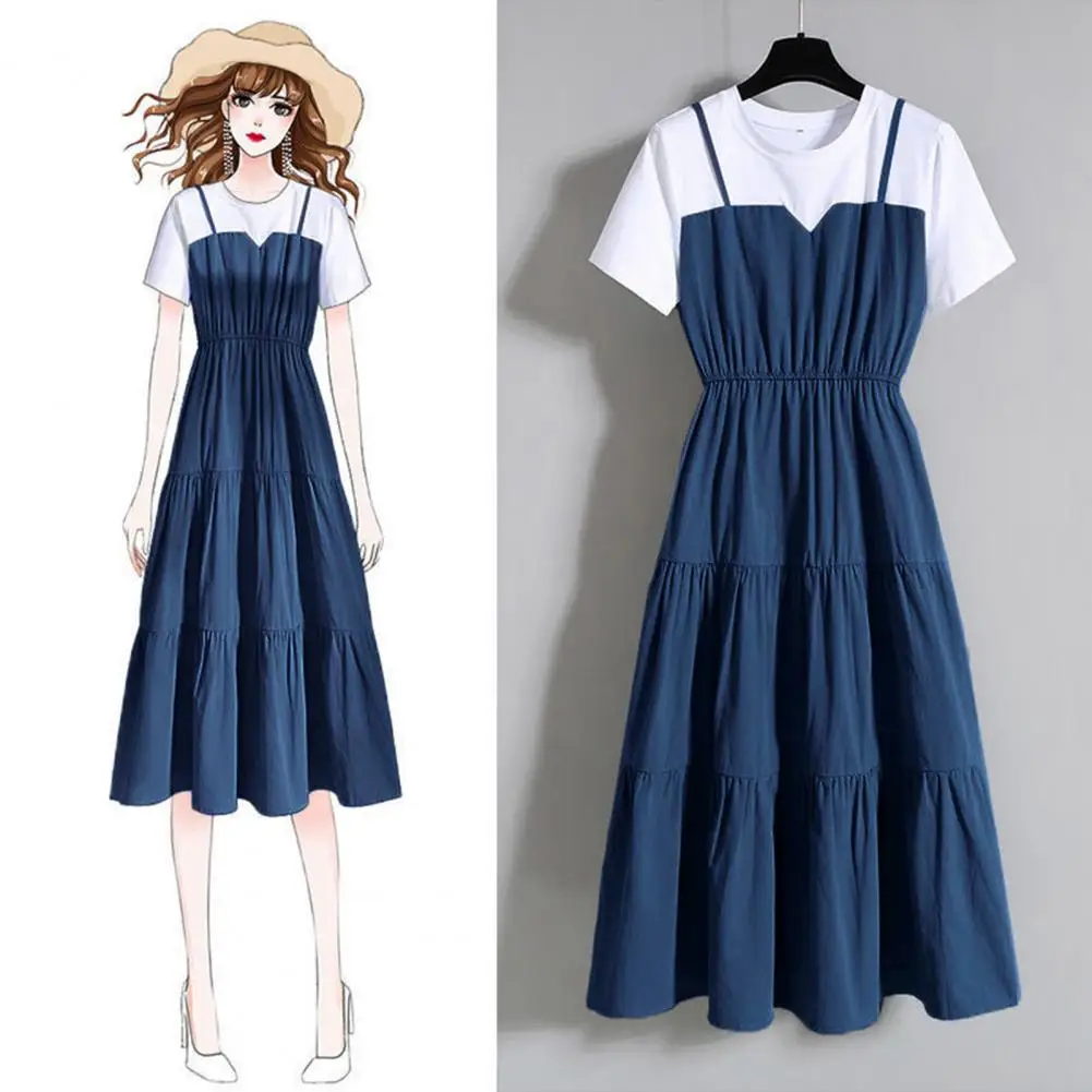 2024 Fashion Strap Fake Two piece Dress Block Summer Short sleeved Dress Women's Waist Tight Dress thumbnail 6
