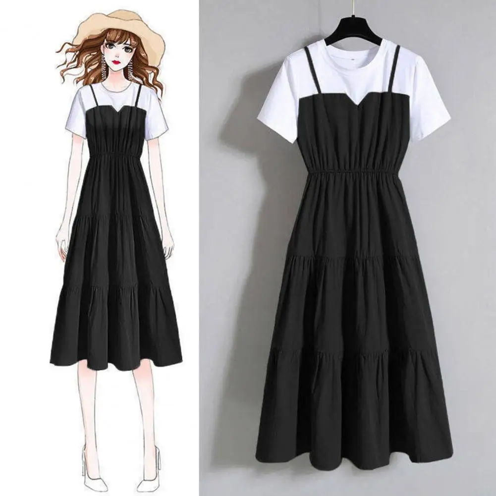 2024 Fashion Strap Fake Two piece Dress Block Summer Short sleeved Dress Women's Waist Tight Dress thumbnail 5