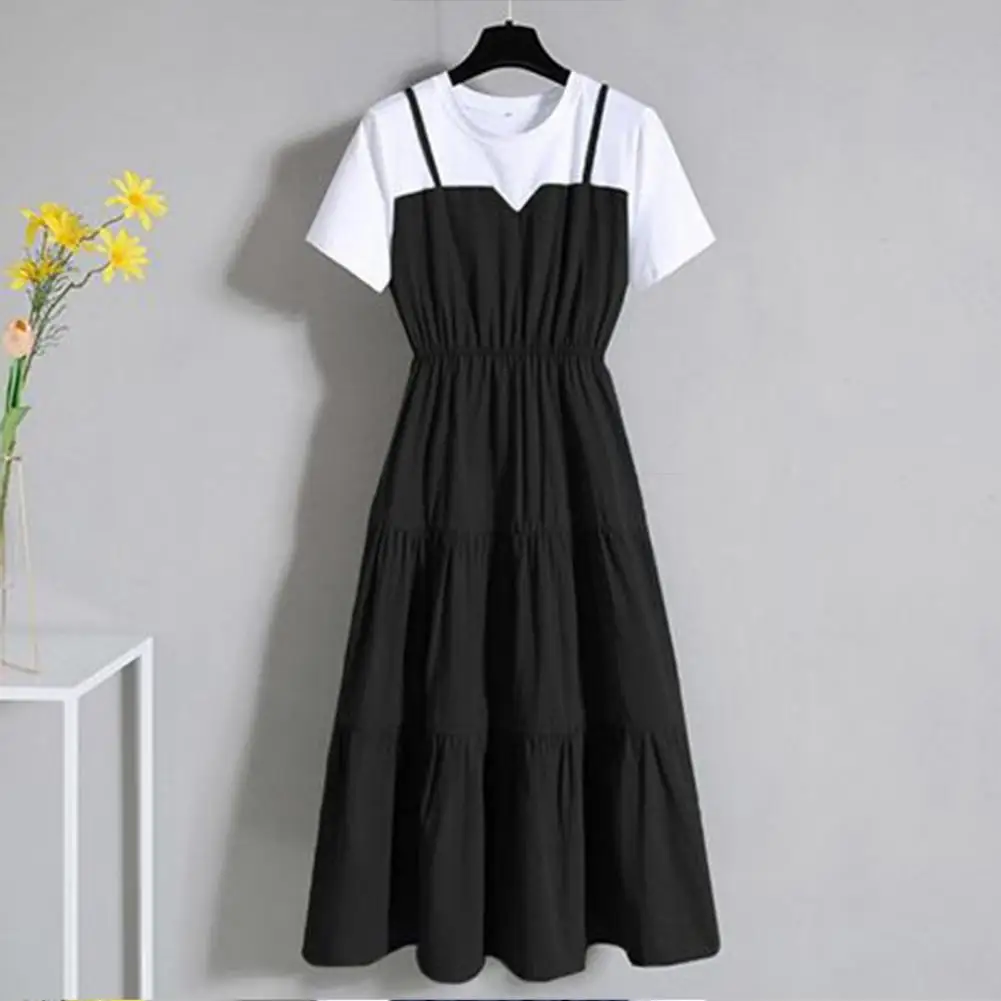 2024 Fashion Strap Fake Two piece Dress Block Summer Short sleeved Dress Women's Waist Tight Dress thumbnail 3