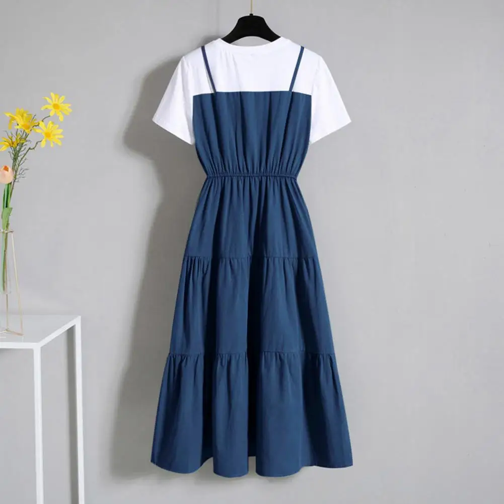 2024 Fashion Strap Fake Two piece Dress Block Summer Short sleeved Dress Women's Waist Tight Dress thumbnail 4
