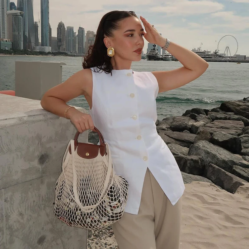 MUJER 2025 White Sleeveless Vest Women Button Summer Vests for Women Jacket Pink Vest Top Women Streetwear Women's Tailored Vest thumbnail 4