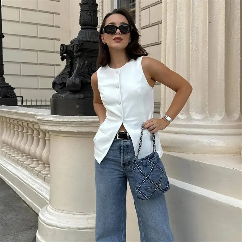 MUJER 2025 White Sleeveless Vest Women Button Summer Vests for Women Jacket Pink Vest Top Women Streetwear Women's Tailored Vest thumbnail 6