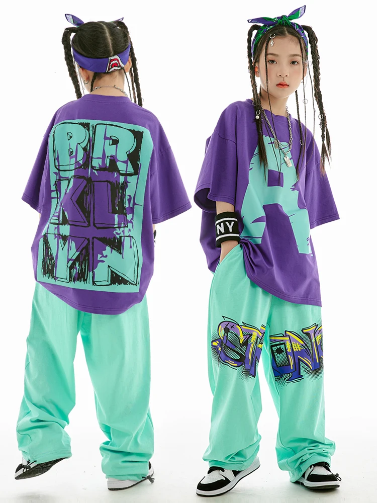 2025 Summer Kids Loose Cotton T-Shirt Pants Boys Hip Hop Outfit Modern Jazz Dance Costume Girls Kpop Performance Wear