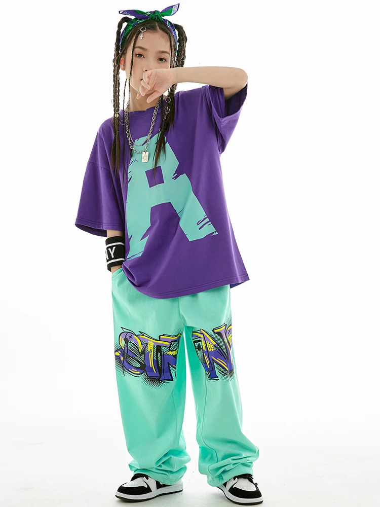 2025 Summer Kids Loose Cotton T-Shirt Pants Boys Hip Hop Outfit Modern Jazz Dance Costume Girls Kpop Performance Wear thumbnail 2