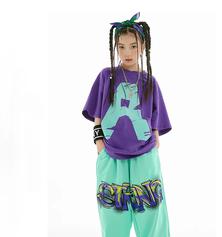 2025 Summer Kids Loose Cotton T-Shirt Pants Boys Hip Hop Outfit Modern Jazz Dance Costume Girls Kpop Performance Wear thumbnail 6