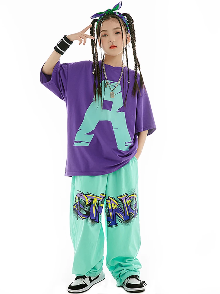2025 Summer Kids Loose Cotton T-Shirt Pants Boys Hip Hop Outfit Modern Jazz Dance Costume Girls Kpop Performance Wear thumbnail 5