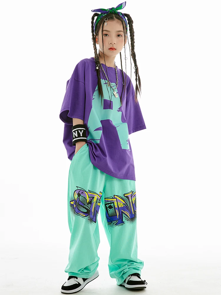 2025 Summer Kids Loose Cotton T-Shirt Pants Boys Hip Hop Outfit Modern Jazz Dance Costume Girls Kpop Performance Wear thumbnail 3