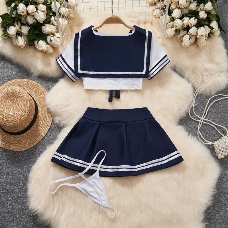 Preppy Sailor Suit Contrast Lace-up Bow Stripe Crop Top Pleat Mini Skirt Sexy Erotic Lingerie Set Women Cosplay Student Youthful thumbnail 2