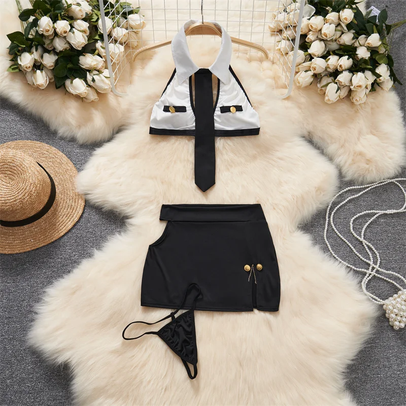 Preppy Sailor Suit Contrast Lace-up Bow Stripe Crop Top Pleat Mini Skirt Sexy Erotic Lingerie Set Women Cosplay Student Youthful thumbnail 6
