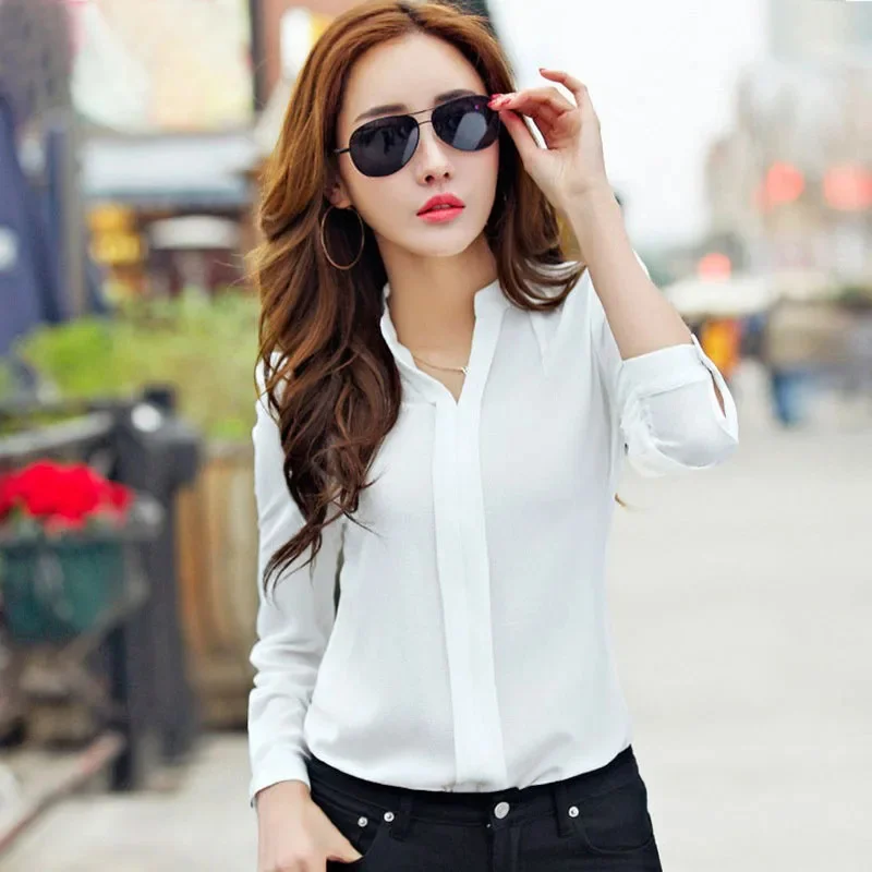 Long Sleeve Shirt Women Autumn Clothing Fashion Slim Blouse V Neck Korean Elegant Ladies Office Shirts White Red thumbnail 6