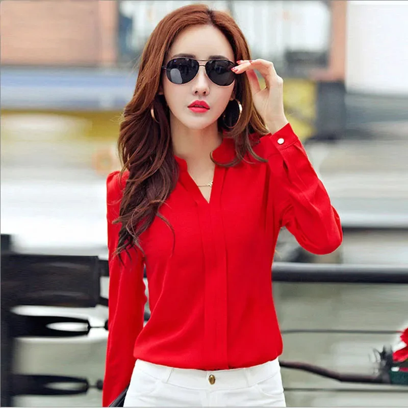 Long Sleeve Shirt Women Autumn Clothing Fashion Slim Blouse V Neck Korean Elegant Ladies Office Shirts White Red thumbnail 2