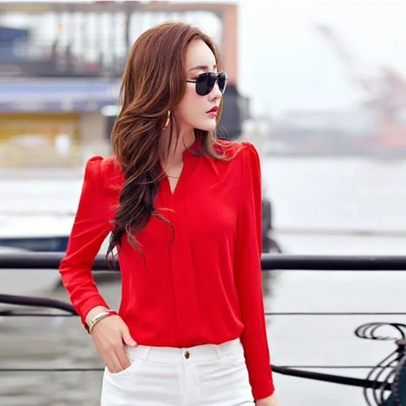 Long Sleeve Shirt Women Autumn Clothing Fashion Slim Blouse V Neck Korean Elegant Ladies Office Shirts White Red thumbnail 4
