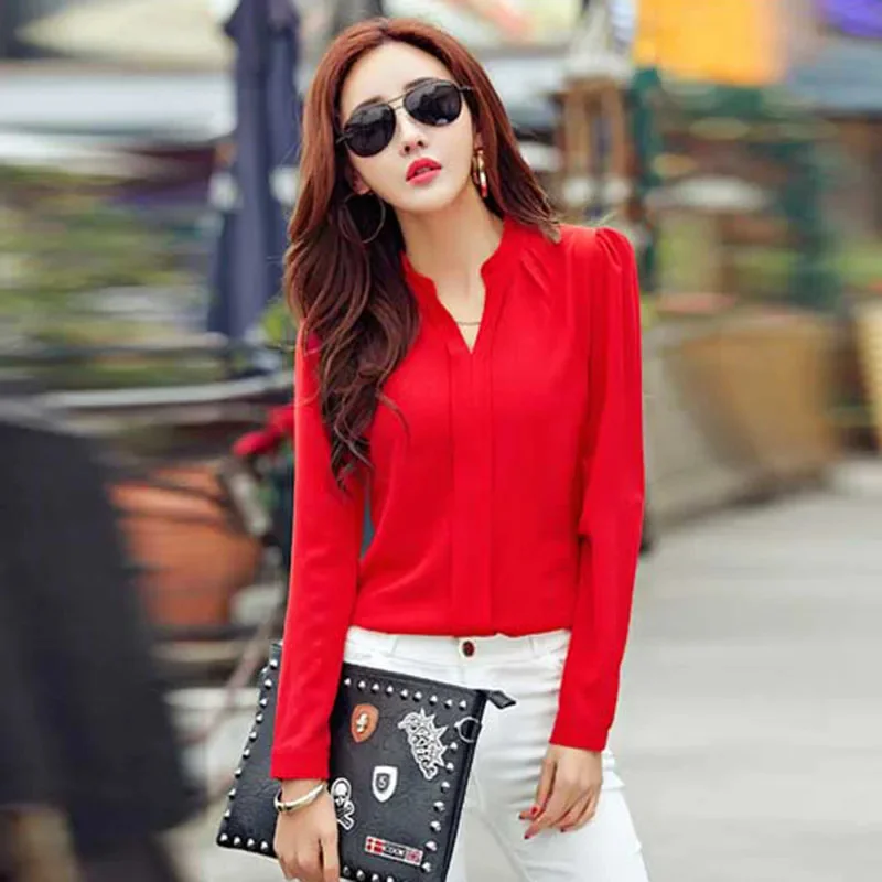 Long Sleeve Shirt Women Autumn Clothing Fashion Slim Blouse V Neck Korean Elegant Ladies Office Shirts White Red thumbnail 5