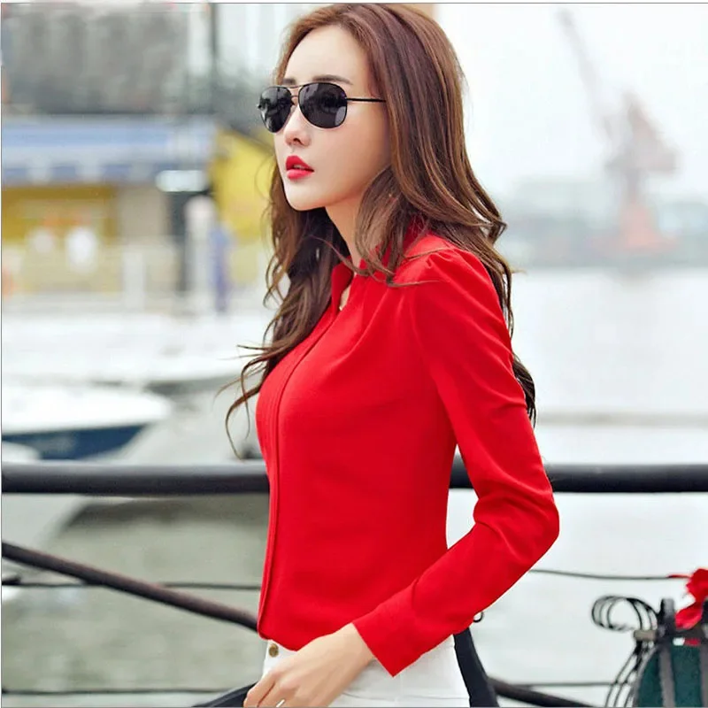 Long Sleeve Shirt Women Autumn Clothing Fashion Slim Blouse V Neck Korean Elegant Ladies Office Shirts White Red thumbnail 3