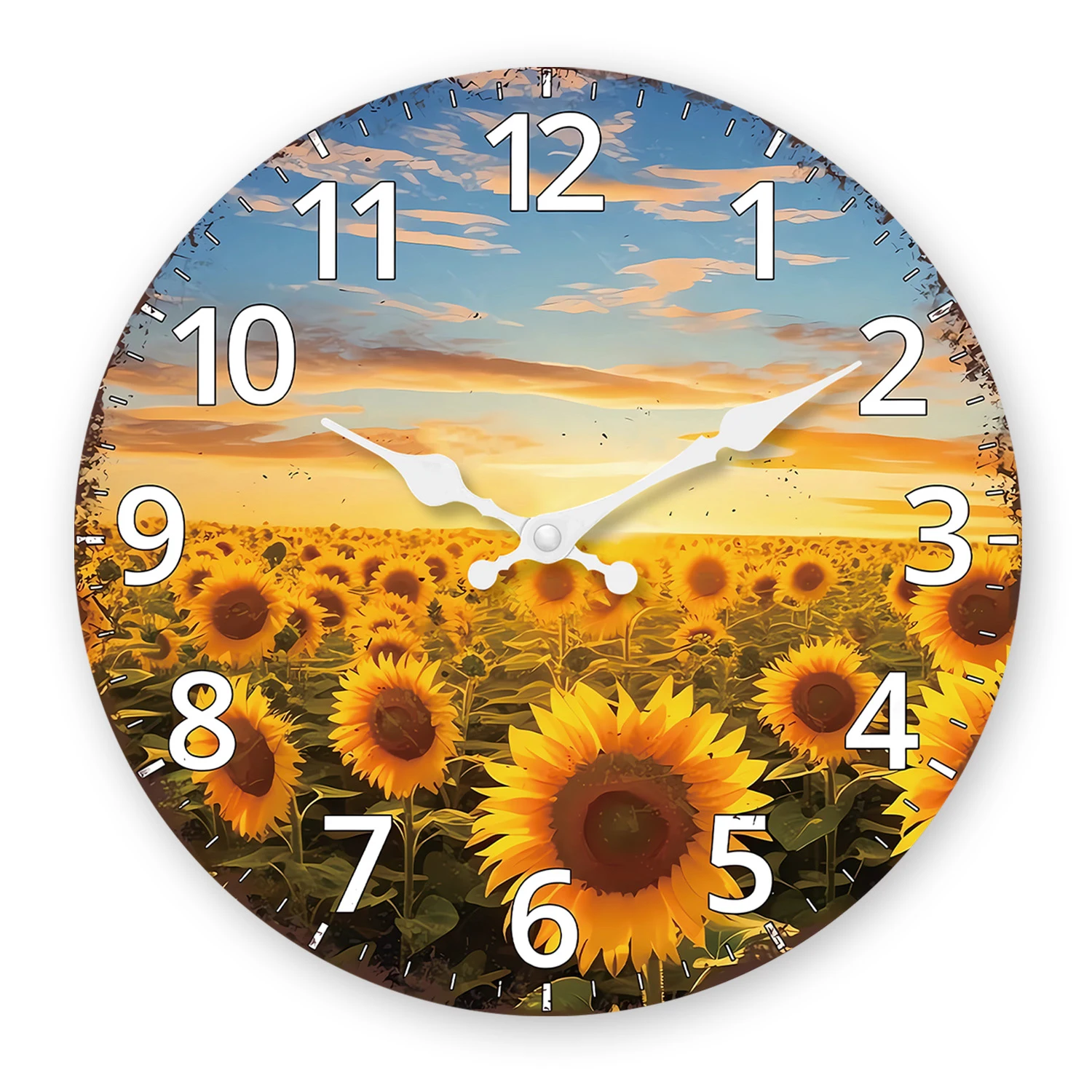 Fashionable Sunset Sunflower Garden Pattern Wooden Wall Clock Living Room Bedroom Kitchen Home Decoration Silent Quartz Clock Holiday Gift 10 Inches 12 Inches 14inch 16inch (No Battery)
