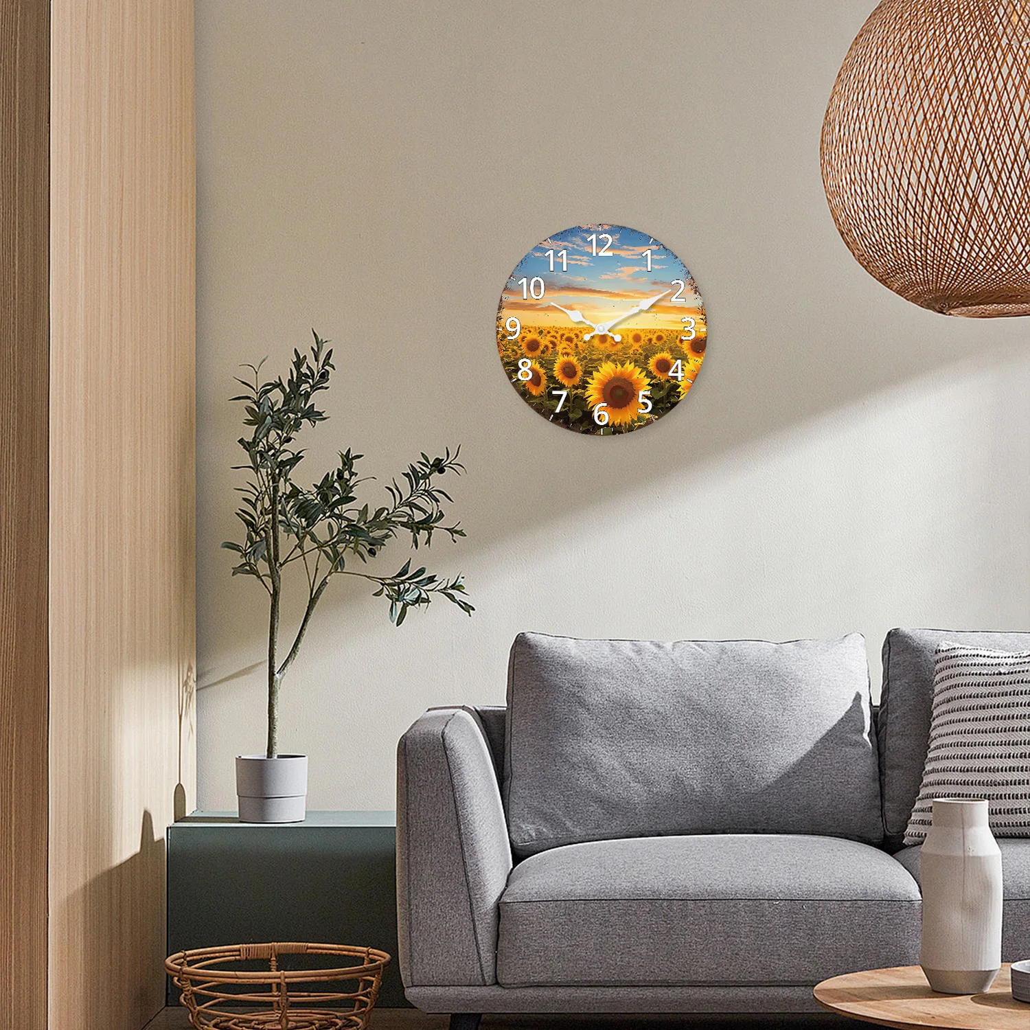 Fashionable Sunset Sunflower Garden Pattern Wooden Wall Clock Living Room Bedroom Kitchen Home Decoration Silent Quartz Clock Holiday Gift 10 Inches 12 Inches 14inch 16inch (No Battery) thumbnail 5