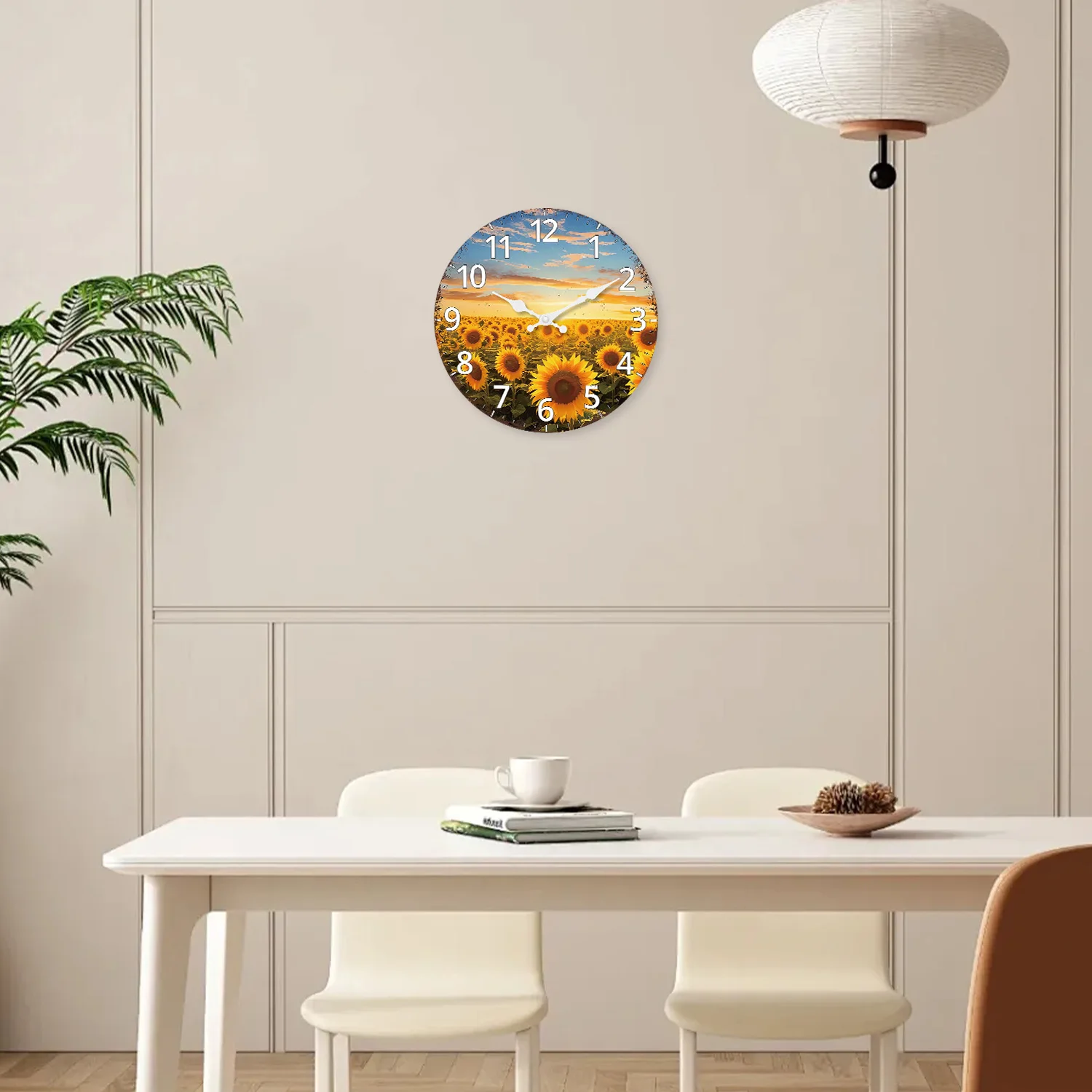 Fashionable Sunset Sunflower Garden Pattern Wooden Wall Clock Living Room Bedroom Kitchen Home Decoration Silent Quartz Clock Holiday Gift 10 Inches 12 Inches 14inch 16inch (No Battery) thumbnail 4