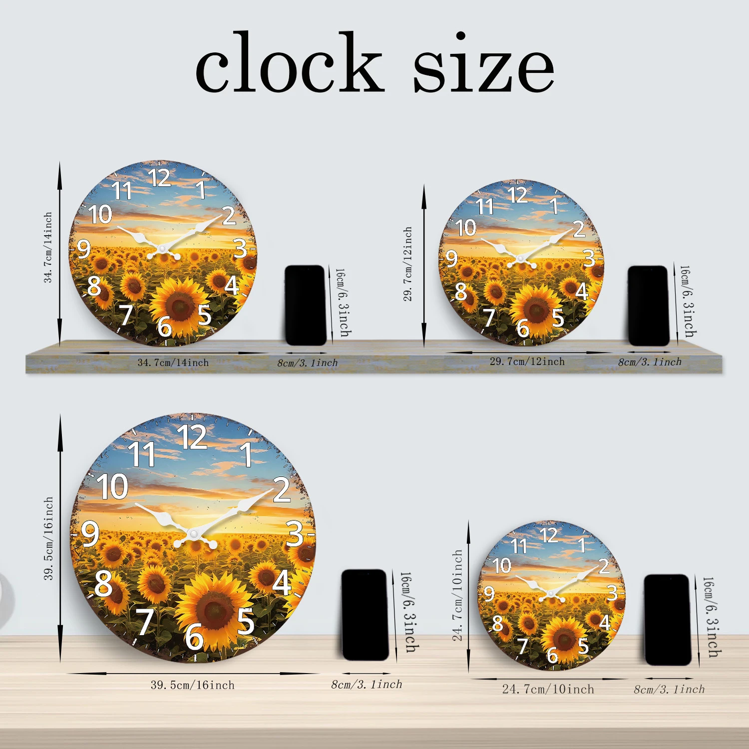 Fashionable Sunset Sunflower Garden Pattern Wooden Wall Clock Living Room Bedroom Kitchen Home Decoration Silent Quartz Clock Holiday Gift 10 Inches 12 Inches 14inch 16inch (No Battery) thumbnail 3