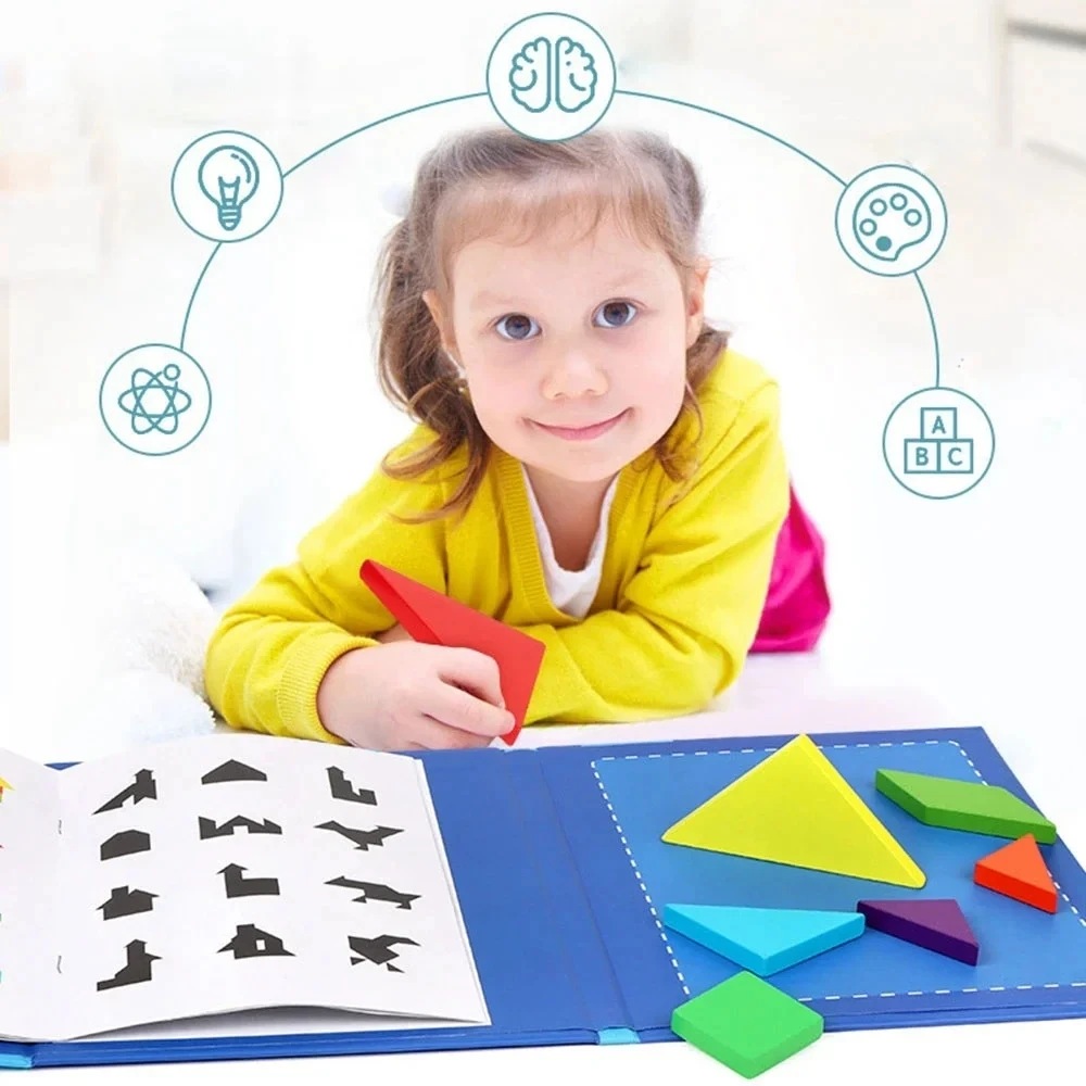 Kids Wooden Jigsaw Magnetic Tangram Puzzle Book Educational Toys Children Portable Montessori Learning Intelligence Baby Gift thumbnail 4