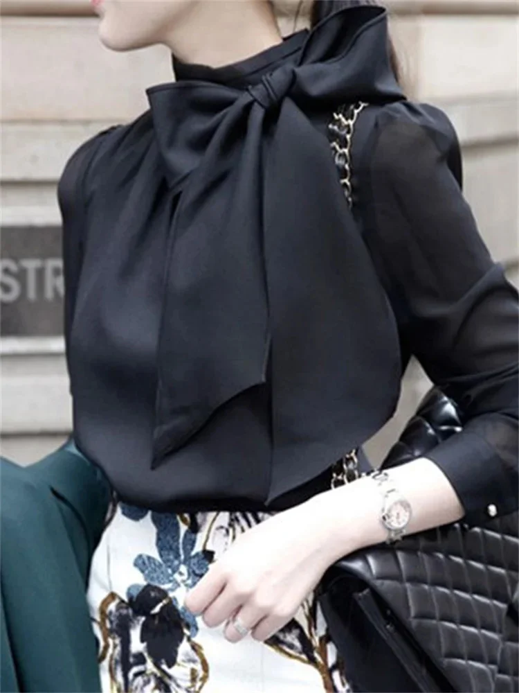 Women Spring Summer Style Chiffon Blouses Shirts Lady Casaul Long Sleeve White Black Bow Tie Collar Blusas Tops thumbnail 2
