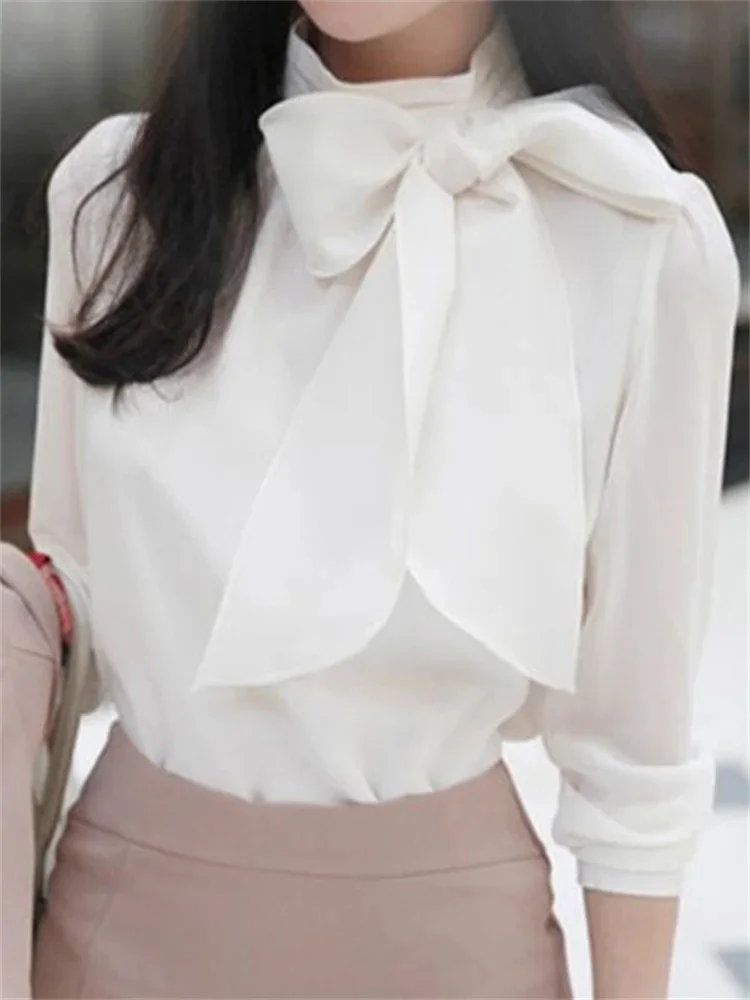 Women Spring Summer Style Chiffon Blouses Shirts Lady Casaul Long Sleeve White Black Bow Tie Collar Blusas Tops thumbnail 3