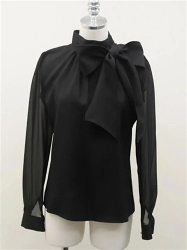 Women Spring Summer Style Chiffon Blouses Shirts Lady Casaul Long Sleeve White Black Bow Tie Collar Blusas Tops thumbnail 6