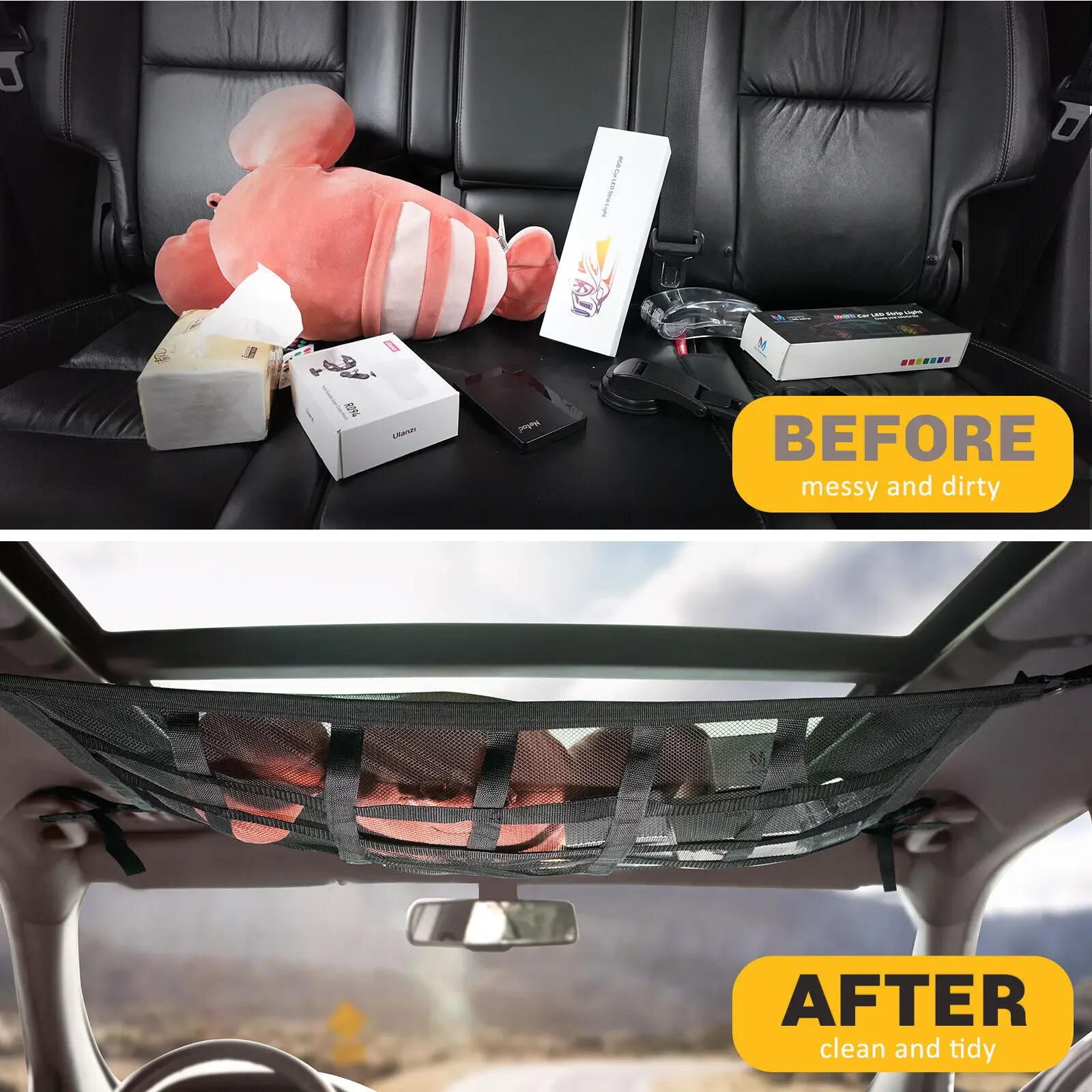 Car Roof Top Ceiling Cargo Net Pocket Mesh Organizer Bag Universal 90x65CM Anti Sagging Luggage For SUV Van Camping Cab thumbnail 4