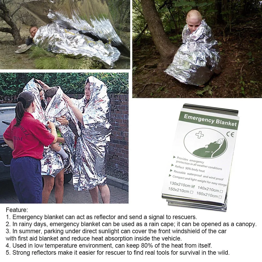 Emergency Blanket Outdoor Survive First Aid Hiking Rescue Kit Windproof Waterproof Foil Thermal Blanket Survival Thermal Cover thumbnail 5