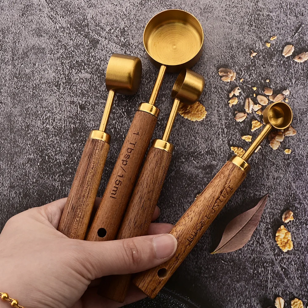 Gold Wooden Handle Stainless Steel Measuring Cups Spoons Baking Tools Coffee Measuring Spoon Set Bartending Scale Accessories thumbnail 2