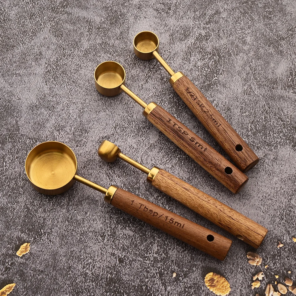 Gold Wooden Handle Stainless Steel Measuring Cups Spoons Baking Tools Coffee Measuring Spoon Set Bartending Scale Accessories thumbnail 5