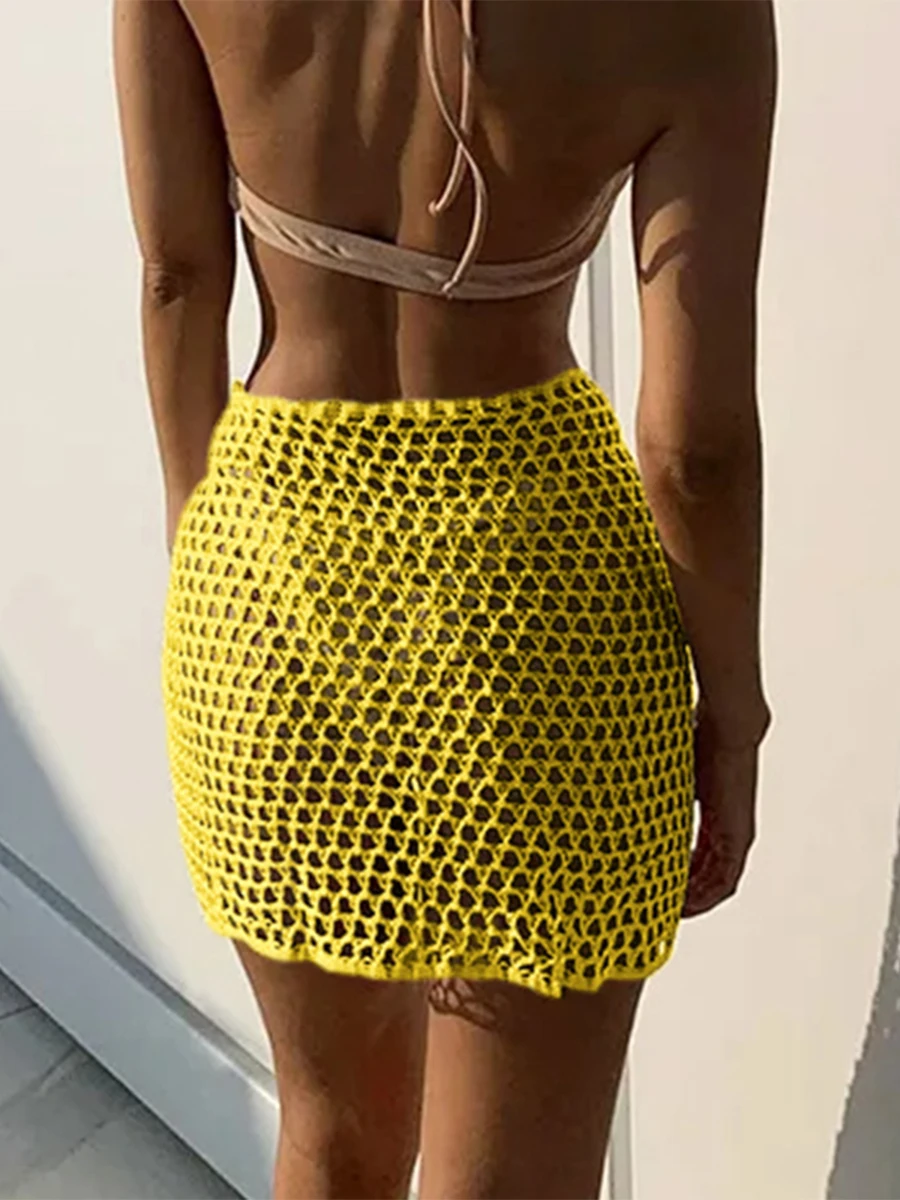 Women Beach Skirt Hollowed Solid Black White Yellow Green Knitted Mini Skirt For Women Summer Vacation Seaside Cover-Up Skirt thumbnail 4