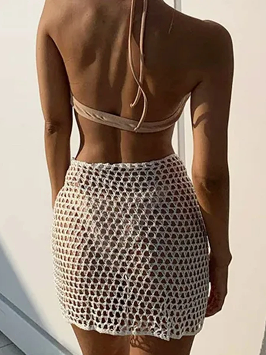 Women Beach Skirt Hollowed Solid Black White Yellow Green Knitted Mini Skirt For Women Summer Vacation Seaside Cover-Up Skirt thumbnail 2