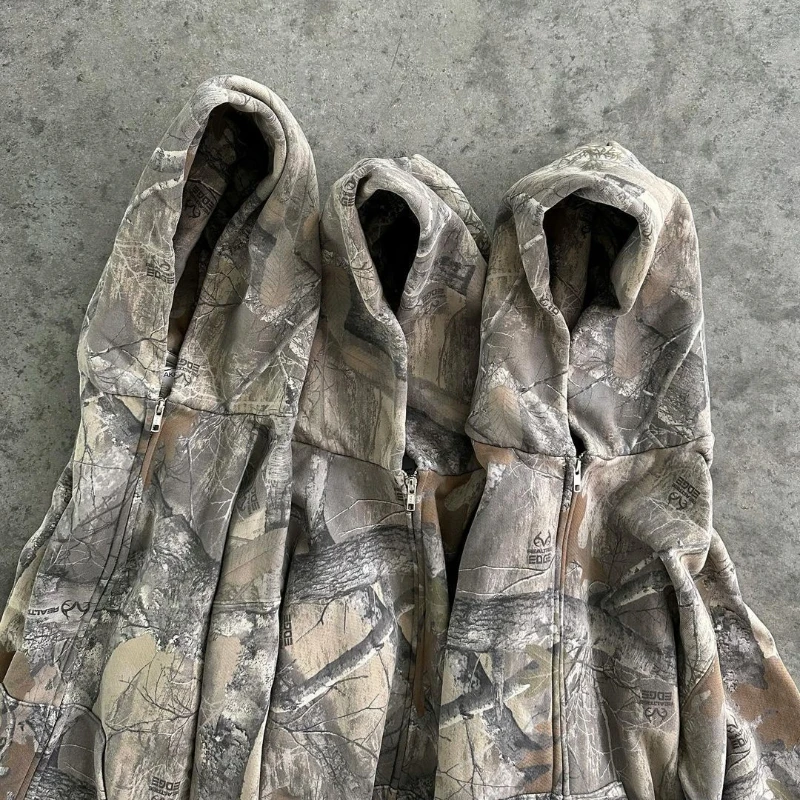 Y2K Retro zip up Hoodie Men Camouflage Pattern zipper Sweatshirt High Street Hip Hop Streetwear Oversized Unisex Camo Hoodie thumbnail 2