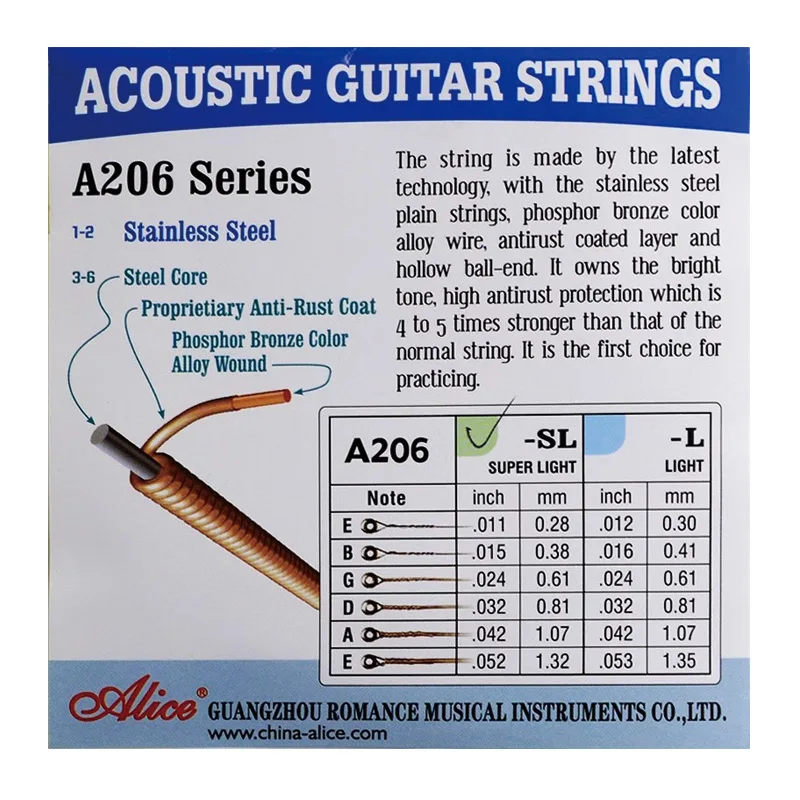 1 Set Alice A206 Acoustic guitar strings 6 pcs set copper strings 1-6 for acoustic guitar Stainless Steel Coated Phosphor Bronze thumbnail 3